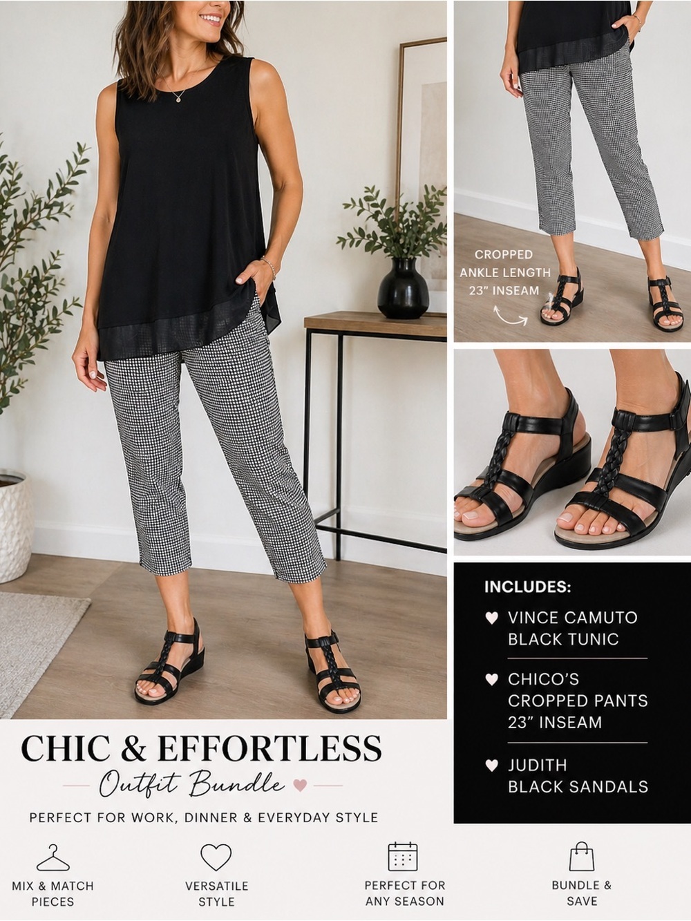 3 Piece Bundle Black Tunic Vince Camuto Chico’s Pants | Sandals